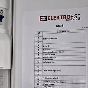 Ausschnitt des Wohnungsverteilers in Wohnung A405 mit dem eingelegten Blatt von ELEKTRO EGE